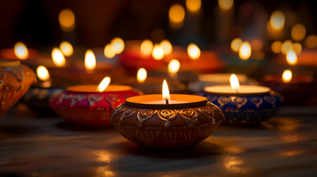 Beautiful Diwali diya lamps lit on colorful rangoli. Hindu festival of lights. Selective focusの素材