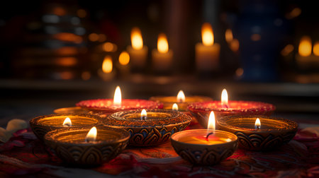 Burning diya lamps lit during Diwali celebration in Indiaの素材