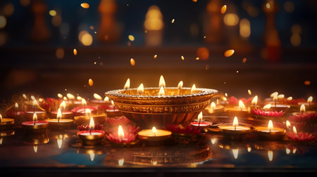 Diwali diya or oil lamps lit during Dipavali festival celebration in Indiaの素材