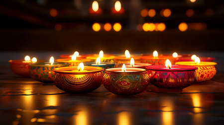 Burning diya lamps lit during Diwali celebration in Indiaの素材