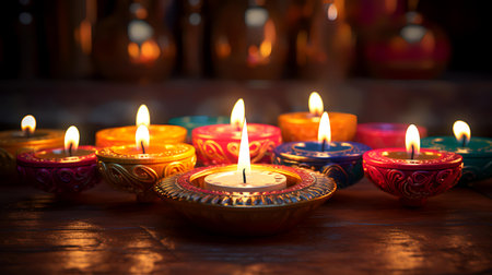 Indian festival Diwali, Diya oil lamps lit on colorful rangoli. Hindu traditional. Selective focusの素材