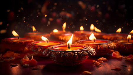 Beautiful diwali diya lamps lit during diwali celebrationの素材