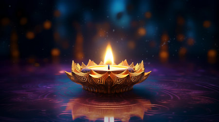 Indian festival Diwali, Diya oil lamps lit on colorful rangoli. Hindu traditional festival of lights. Copy space for text.の素材