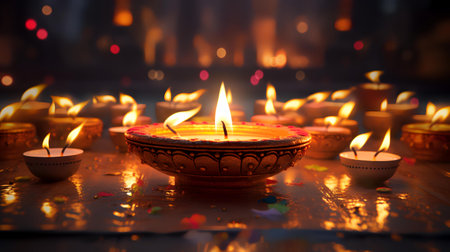 Happy Diwali - Clay Diya lamps lit during Diwali celebration.の素材