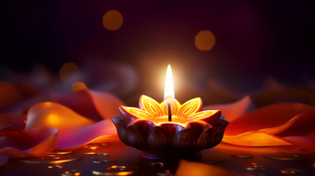 Beautiful diwali diya on colorful bokeh backgroundの素材