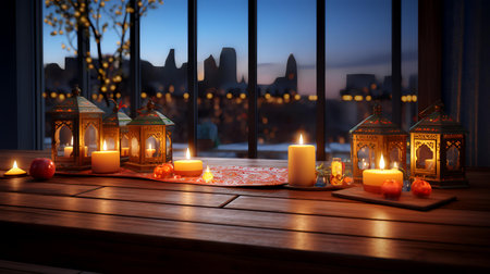 Lanterns and candles on a wooden table in front of the windowの素材
