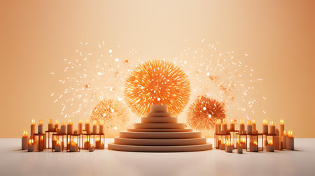 Podium with pyrotechnics and burning candles on orange backgroundの素材