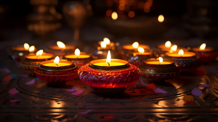 Burning diya lamps lit during Diwali celebration in Indiaの素材