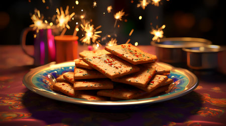 Cookies on a plate with sparklers on the background. Selective focus.の素材