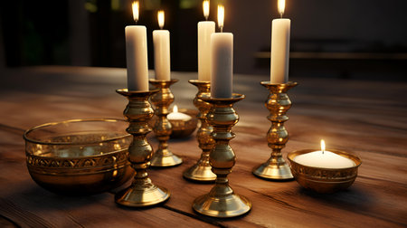 Burning candles in brass candlesticks on wooden table in dark roomの素材