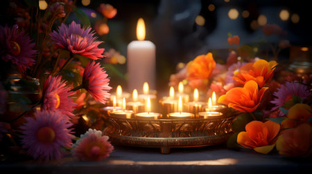 Burning candles in a candlestick with flowers on the backgroundの素材