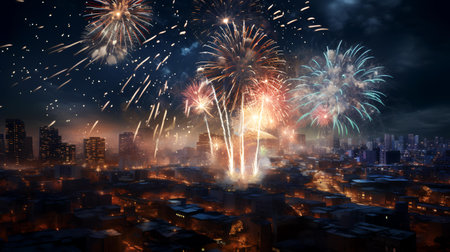 Colorful fireworks in the night sky above the city. Mixed mediaの素材