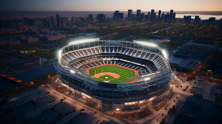 3D rendering of a large modern city with a baseball stadium at dusk.の素材