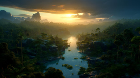 Sunset over the river in the jungle. 3D rendering.の素材