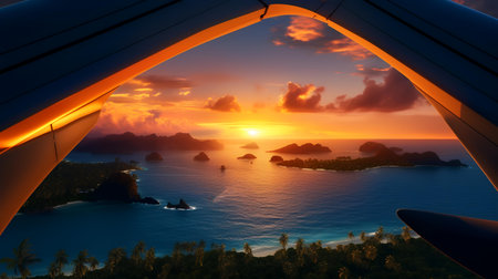 View from the airplane window to the sea and islands at sunset.の素材