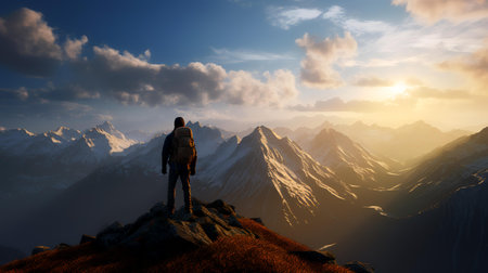 Hiker on top of a mountain at sunset. 3d renderの素材