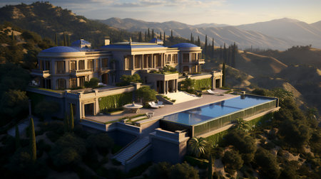3D CG rendering of villa in the middle of the mountainsの素材