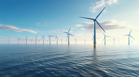 An image of wind turbines in the sea. 3D rendering.の素材
