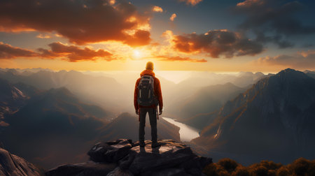 Hiker with backpack looking at sunrise over the valley. 3d renderの素材