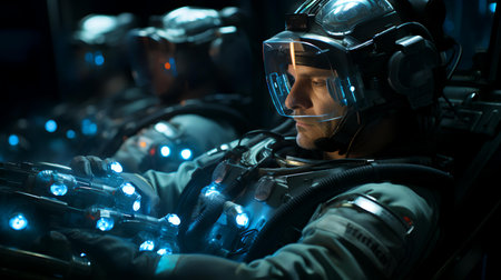 Portrait of man in spacesuit looking at camera in dark spaceの素材