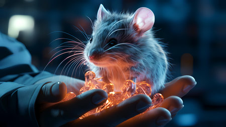 Hamster in the hands of a man on a dark background.の素材