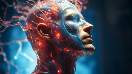 Human head with glowing brain. 3d rendering toned image double exposureの素材