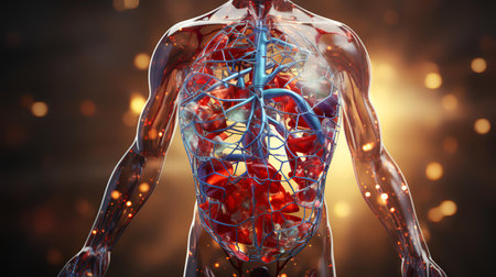 Human heart with circulatory system and blood vessels, 3D renderingの素材
