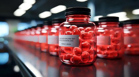 3d render of red pills in glass bottles on shelf in pharmacyの素材