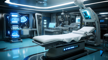 3D rendering of a modern operating room with a medical bed and equipmentの素材