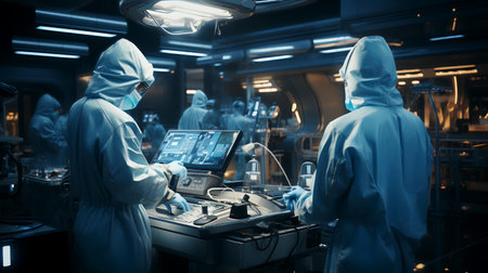 Team of surgeons at work in operating theater toned in blue.の素材