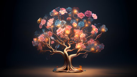 Beautiful tree with colorful flowers on black background. 3d renderingの素材