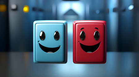 3d illustration of happy and sad emoticons in blue and redの素材