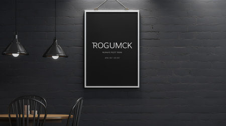 Black poster mockup hanging on black brick wall, 3d renderの素材