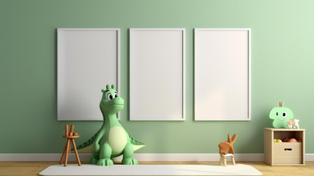 3d render of children's room with green wall and green dinosaursの素材