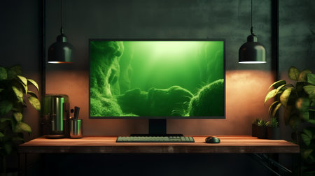 3d rendering of a green screen computer on the shelf in the roomの素材