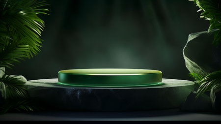 Green round podium on dark background with palm leaves. 3d renderの素材