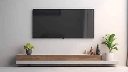 TV on the wall in modern living room. 3d rendering.の素材