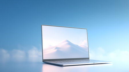 Laptop with snow mountains on blue background. 3d rendering.の素材