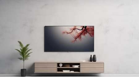 TV on the wall in modern living room. 3d rendering.の素材