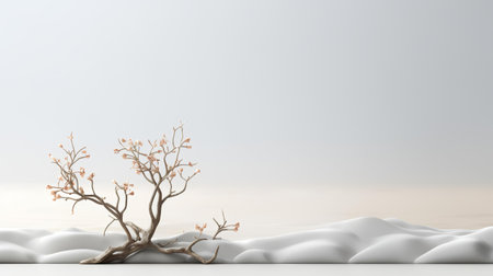 3d render of white background with dry tree and snow. Winter concept.の素材