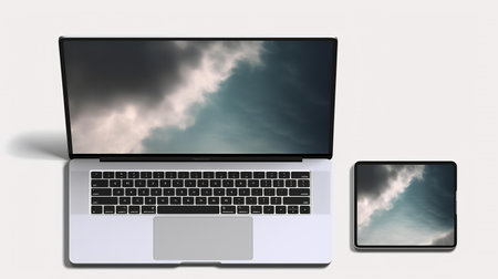 Laptop, smartphone and tablet pc with cloudy sky on the screenの素材