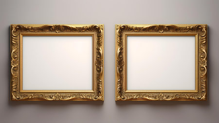 Gold picture frames on a white wall. 3d render illustration.の素材