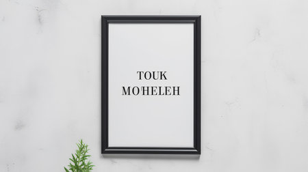 Top view of black frame mockup on white marble background with copy spaceの素材