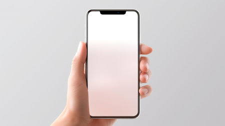 Female hand holding smartphone with blank screen on gray background. Mock upの素材