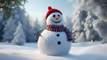 Snowman in winter forest. Snowman with red hat and scarfの素材