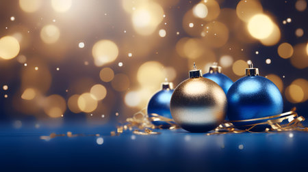 Christmas background with blue baubles and golden bokeh lightsの素材
