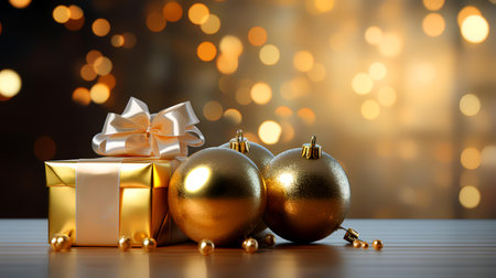 Christmas background with golden balls and gift box on bokeh backgroundの素材