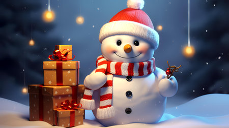 snowman with christmas gifts 3d-illustration.の素材