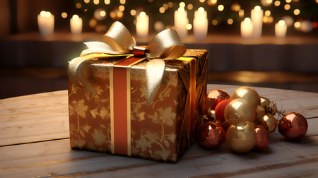 Golden gift box with christmas balls on wooden table, closeupの素材