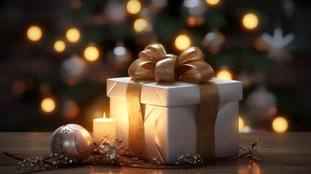 Gift box and Christmas decorations on wooden table against defocused lightsの素材